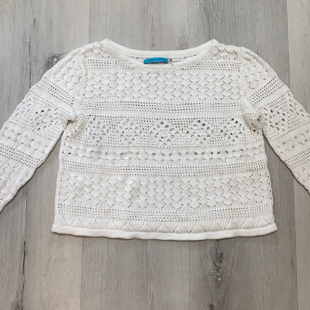 Alice + Olivia, white cropped crochet sweater, size S